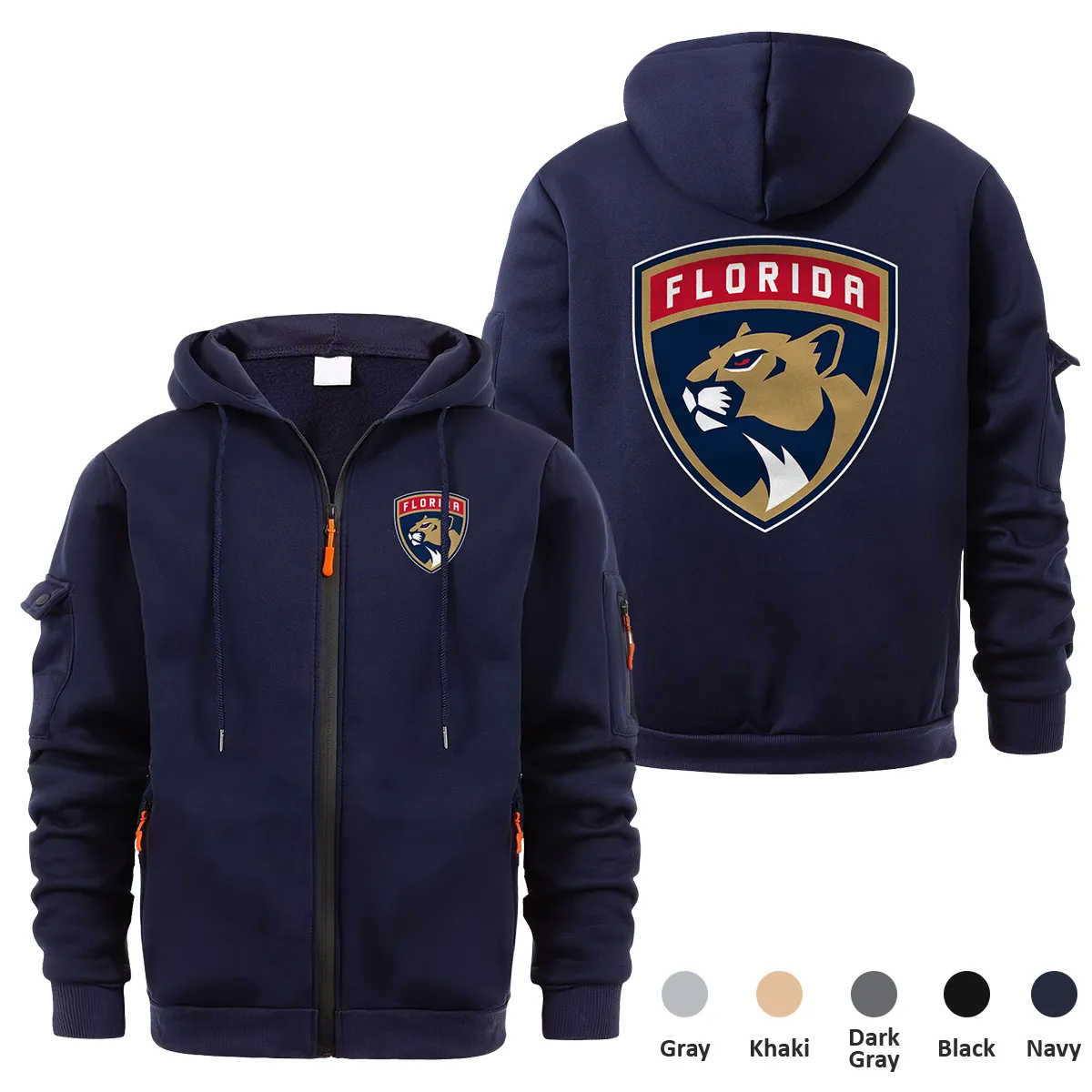 Florida Panthers NHL Exclusive Logo Full Zipper Sweatshirt Hoodie with Arm Pocket MFY241114FPFZH - Navy