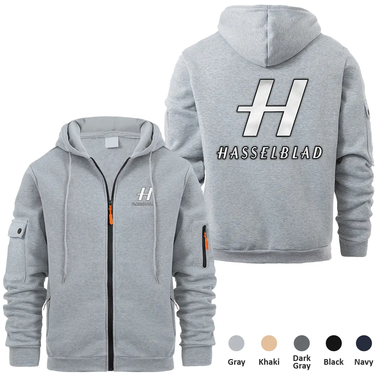 Hasselblad Photography Videography Exclusive Logo Full Zipper Sweatshirt Hoodie with Arm Pocket MFY241114AHSBFZH - Gray