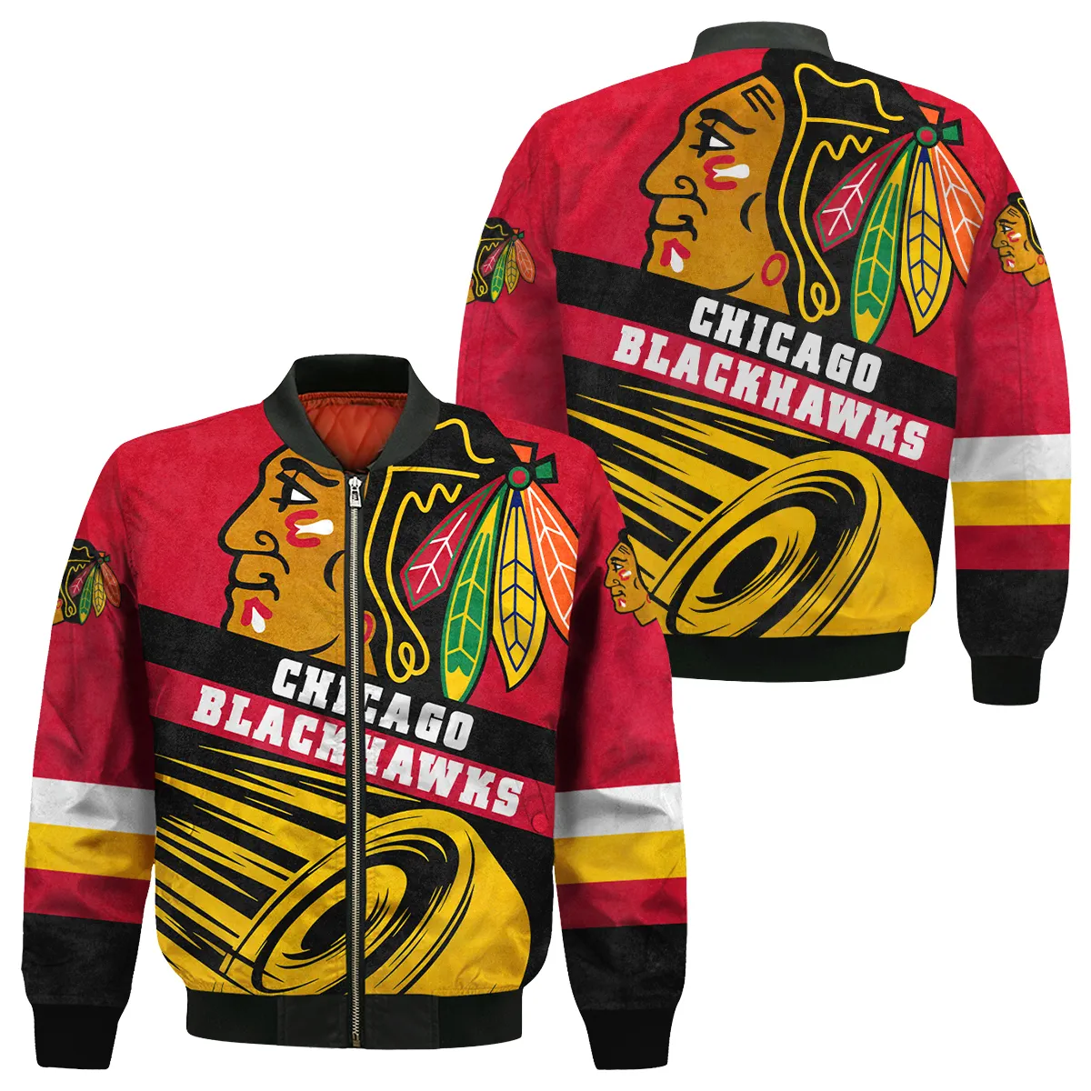 Ice Hockey Puck Chicago Blackhawks National Hockey League All Over Prints Bomber Jacket MFY241114CBBB