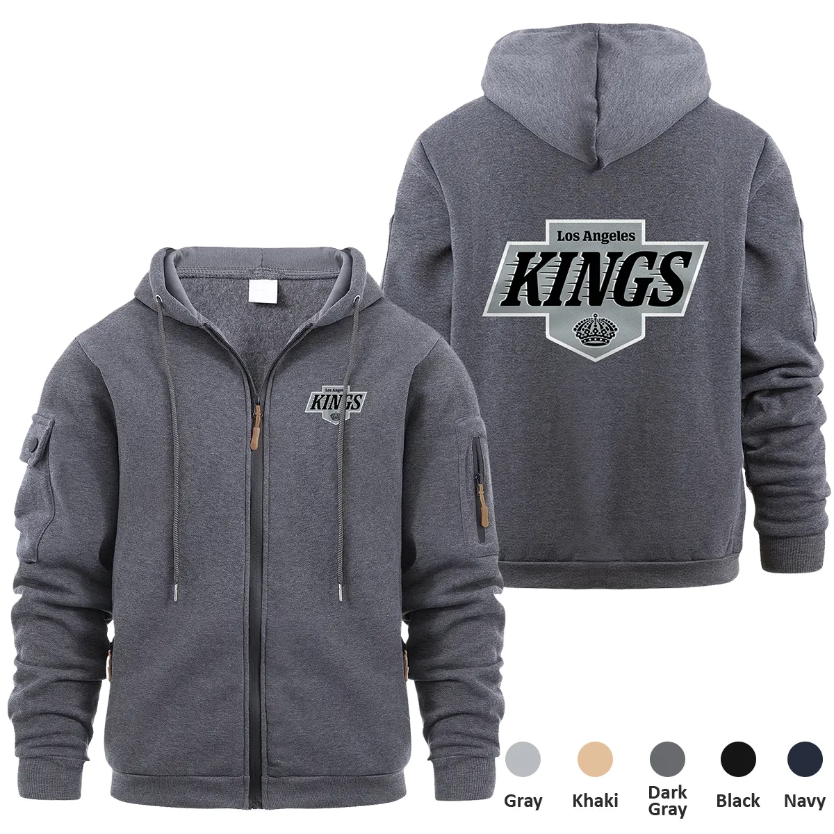 Los Angeles Kings NHL Exclusive Logo Full Zipper Sweatshirt Hoodie with Arm Pocket MFY241114LAKFZH - Dark Gray