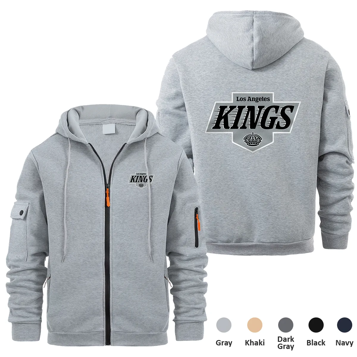 Los Angeles Kings NHL Exclusive Logo Full Zipper Sweatshirt Hoodie with Arm Pocket MFY241114LAKFZH - Gray