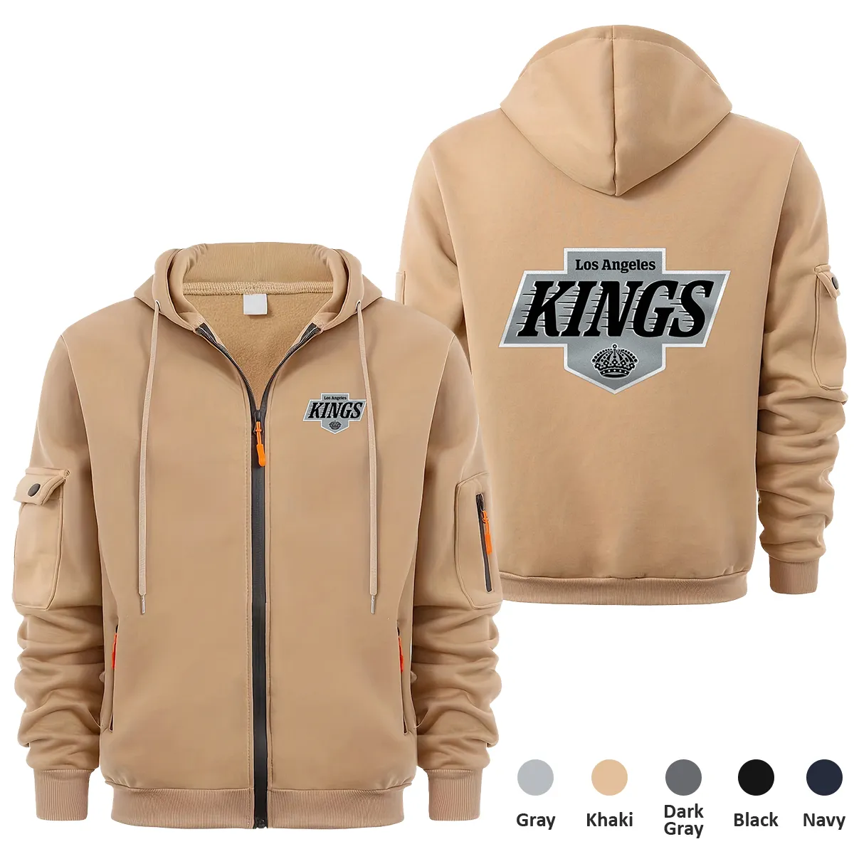 Los Angeles Kings NHL Exclusive Logo Full Zipper Sweatshirt Hoodie with Arm Pocket MFY241114LAKFZH - Khaki