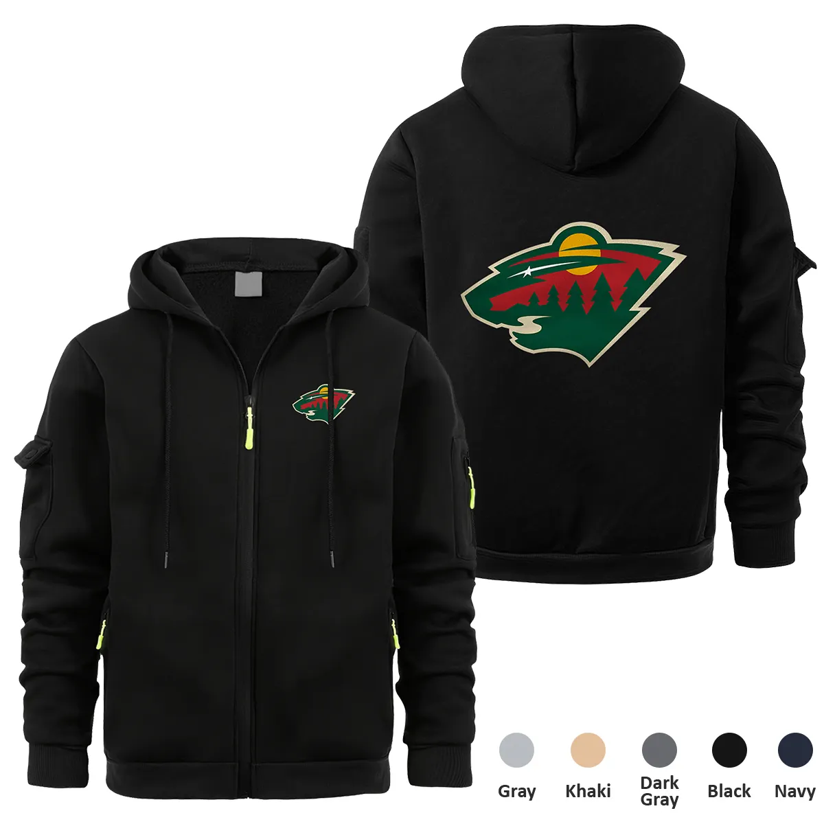 Minnesota Wild NHL Exclusive Logo Full Zipper Sweatshirt Hoodie with Arm Pocket MFY241114MWFZH - Black