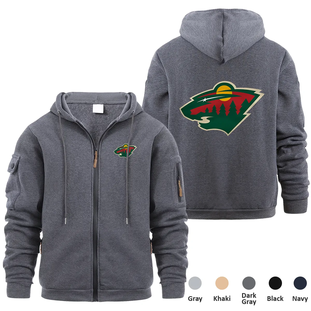 Minnesota Wild NHL Exclusive Logo Full Zipper Sweatshirt Hoodie with Arm Pocket MFY241114MWFZH - Dark Gray