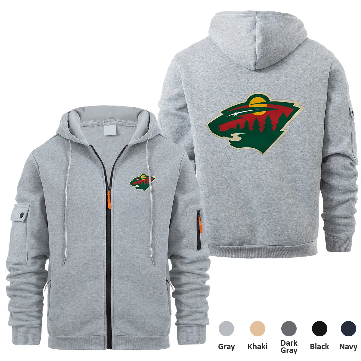 Minnesota Wild NHL Exclusive Logo Full Zipper Sweatshirt Hoodie with Arm Pocket MFY241114MWFZH - Gray