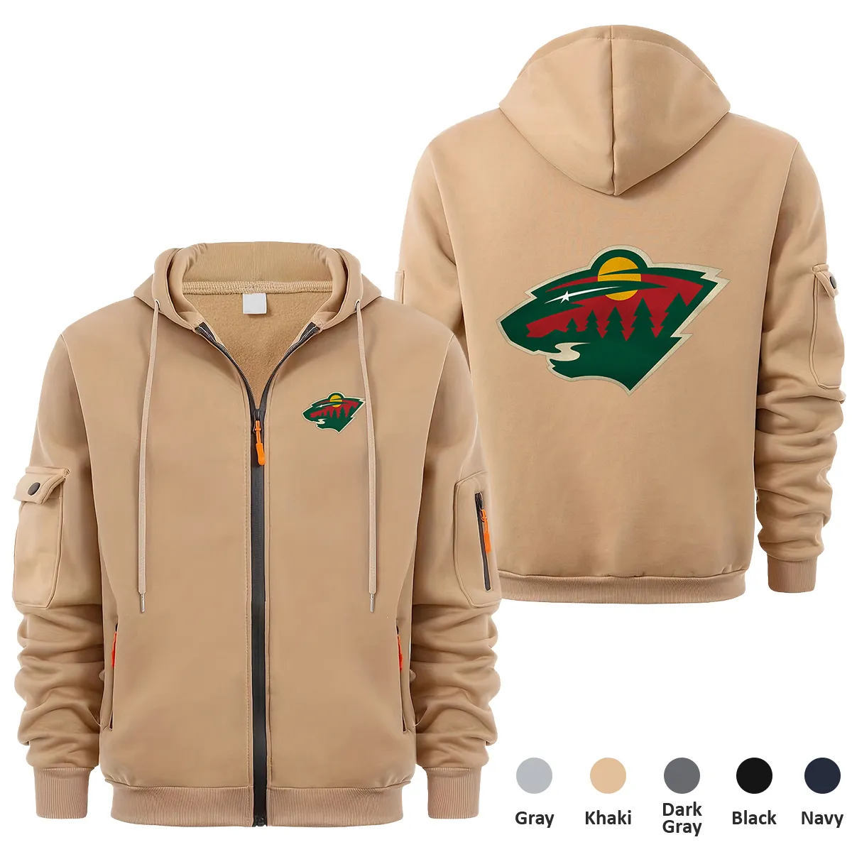 Minnesota Wild NHL Exclusive Logo Full Zipper Sweatshirt Hoodie with Arm Pocket MFY241114MWFZH - Khaki