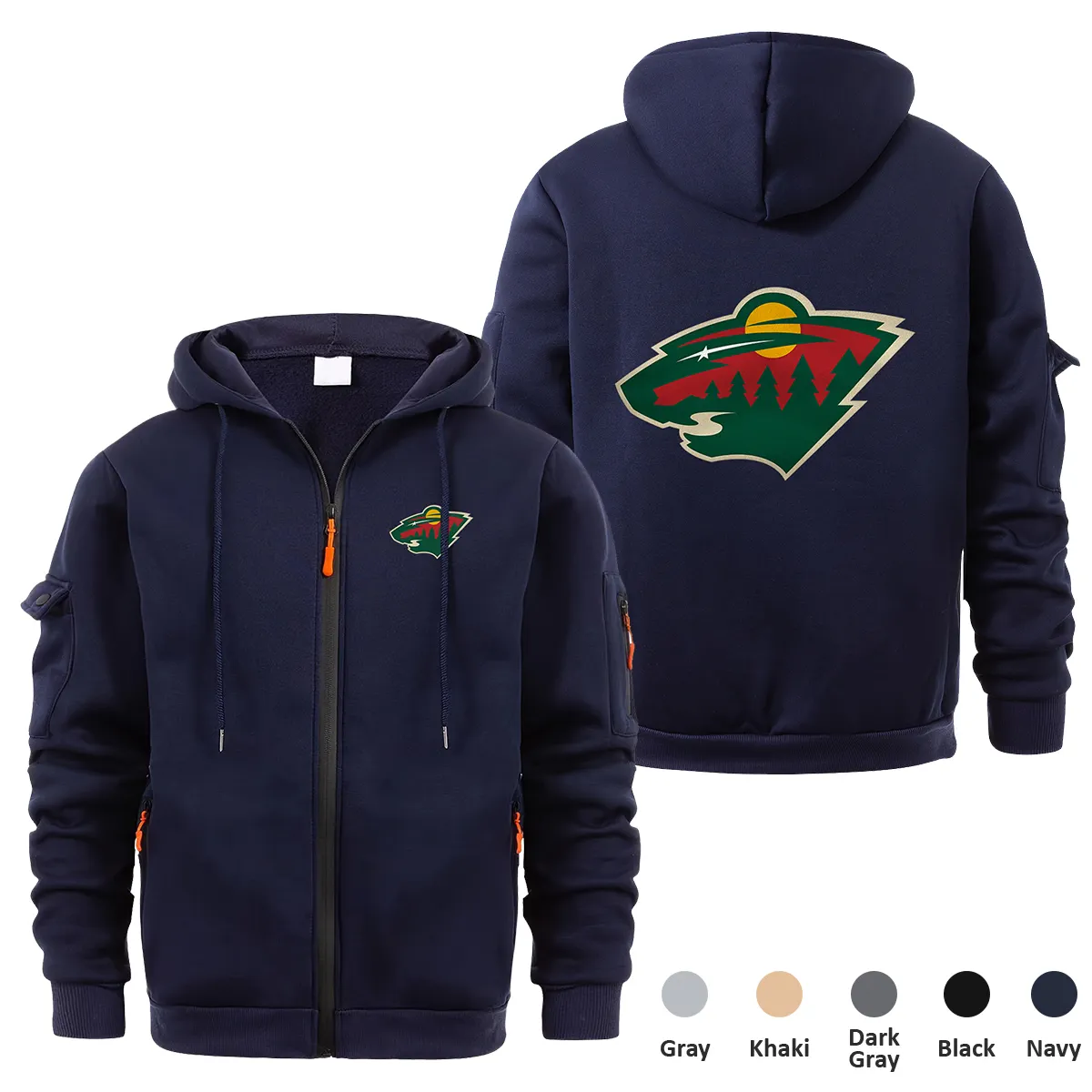 Minnesota Wild NHL Exclusive Logo Full Zipper Sweatshirt Hoodie with Arm Pocket MFY241114MWFZH - Navy