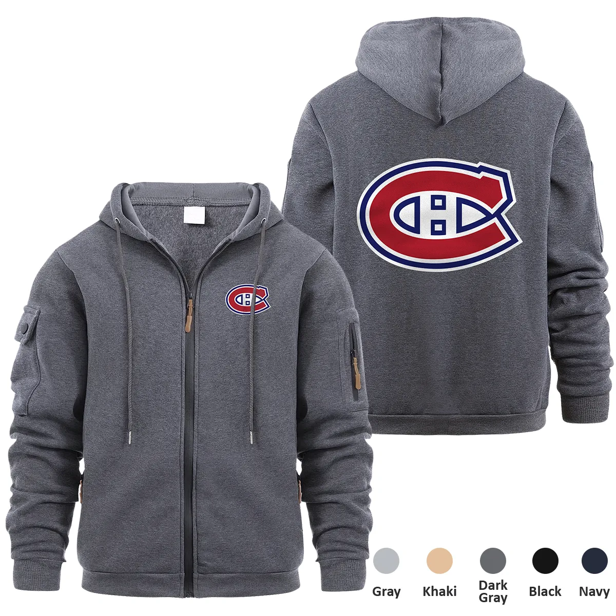 Montreal Canadiens NHL Exclusive Logo Full Zipper Sweatshirt Hoodie with Arm Pocket MFY241114MCFZH - Dark Gray