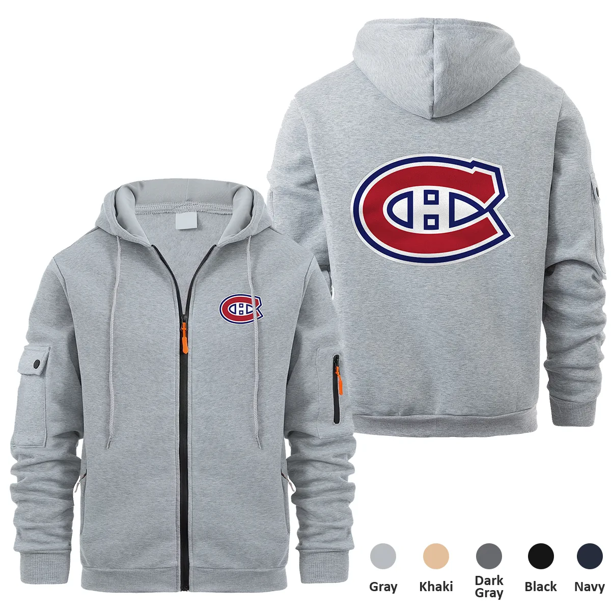 Montreal Canadiens NHL Exclusive Logo Full Zipper Sweatshirt Hoodie with Arm Pocket MFY241114MCFZH - Gray