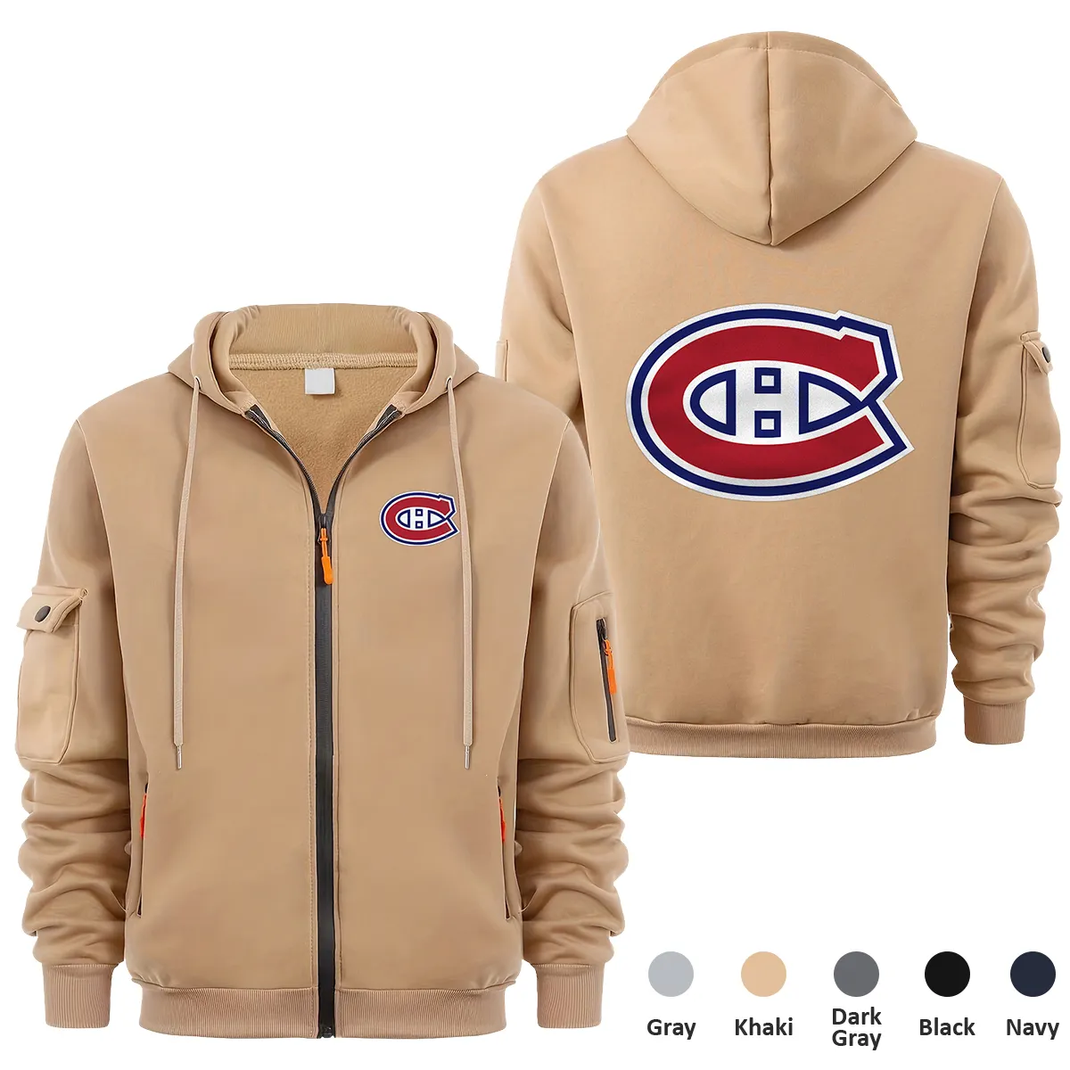 Montreal Canadiens NHL Exclusive Logo Full Zipper Sweatshirt Hoodie with Arm Pocket MFY241114MCFZH - Khaki