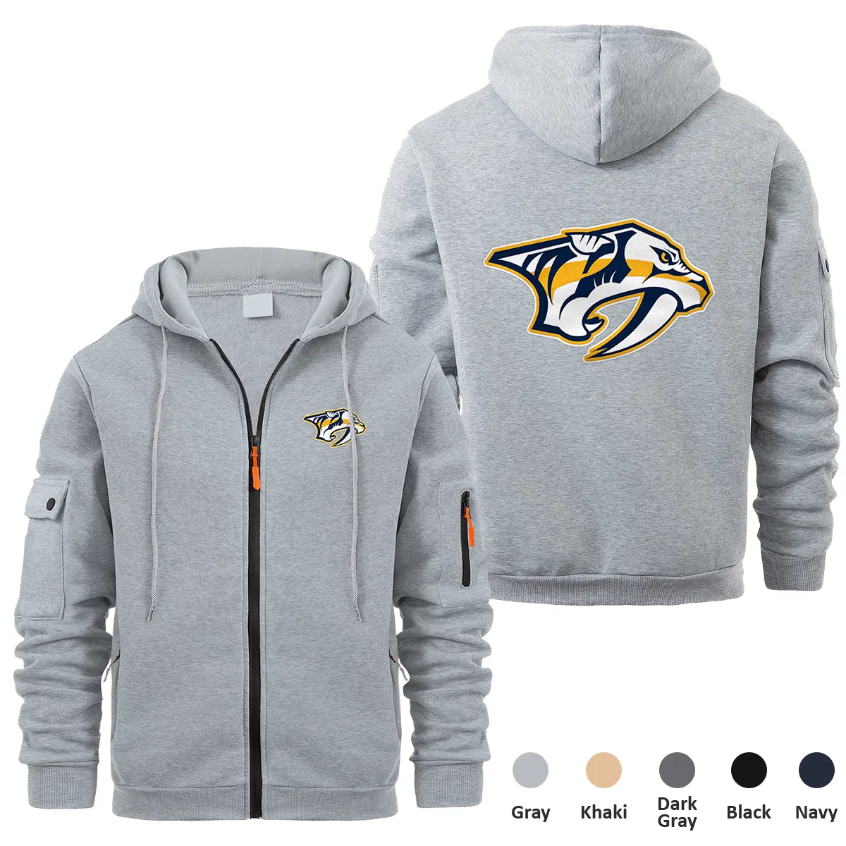 Nashville Predators NHL Exclusive Logo Full Zipper Sweatshirt Hoodie with Arm Pocket MFY241114NPFZH - Gray