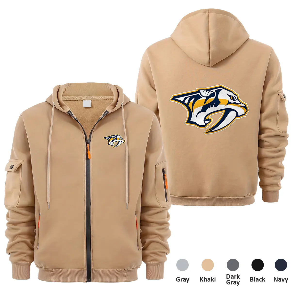 Nashville Predators NHL Exclusive Logo Full Zipper Sweatshirt Hoodie with Arm Pocket MFY241114NPFZH - Khaki