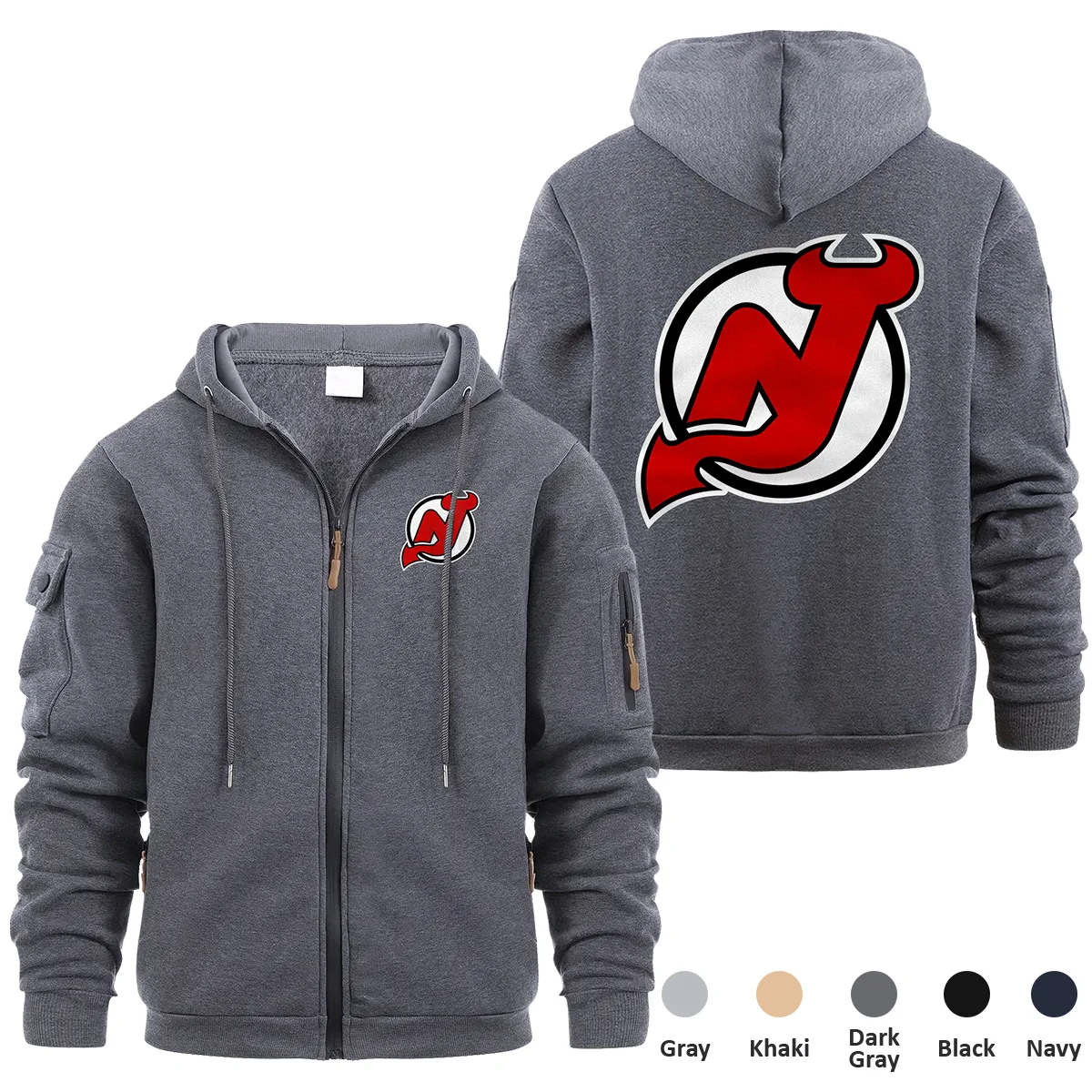 New Jersey Devils NHL Exclusive Logo Full Zipper Sweatshirt Hoodie with Arm Pocket MFY241114NJDFZH - Dark Gray