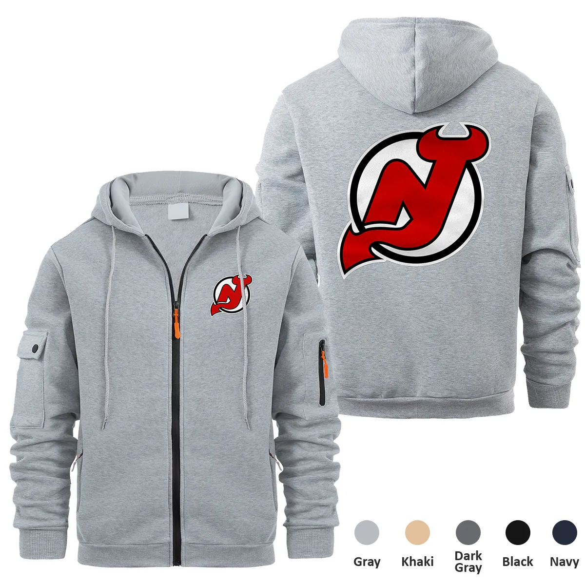 New Jersey Devils NHL Exclusive Logo Full Zipper Sweatshirt Hoodie with Arm Pocket MFY241114NJDFZH - Gray