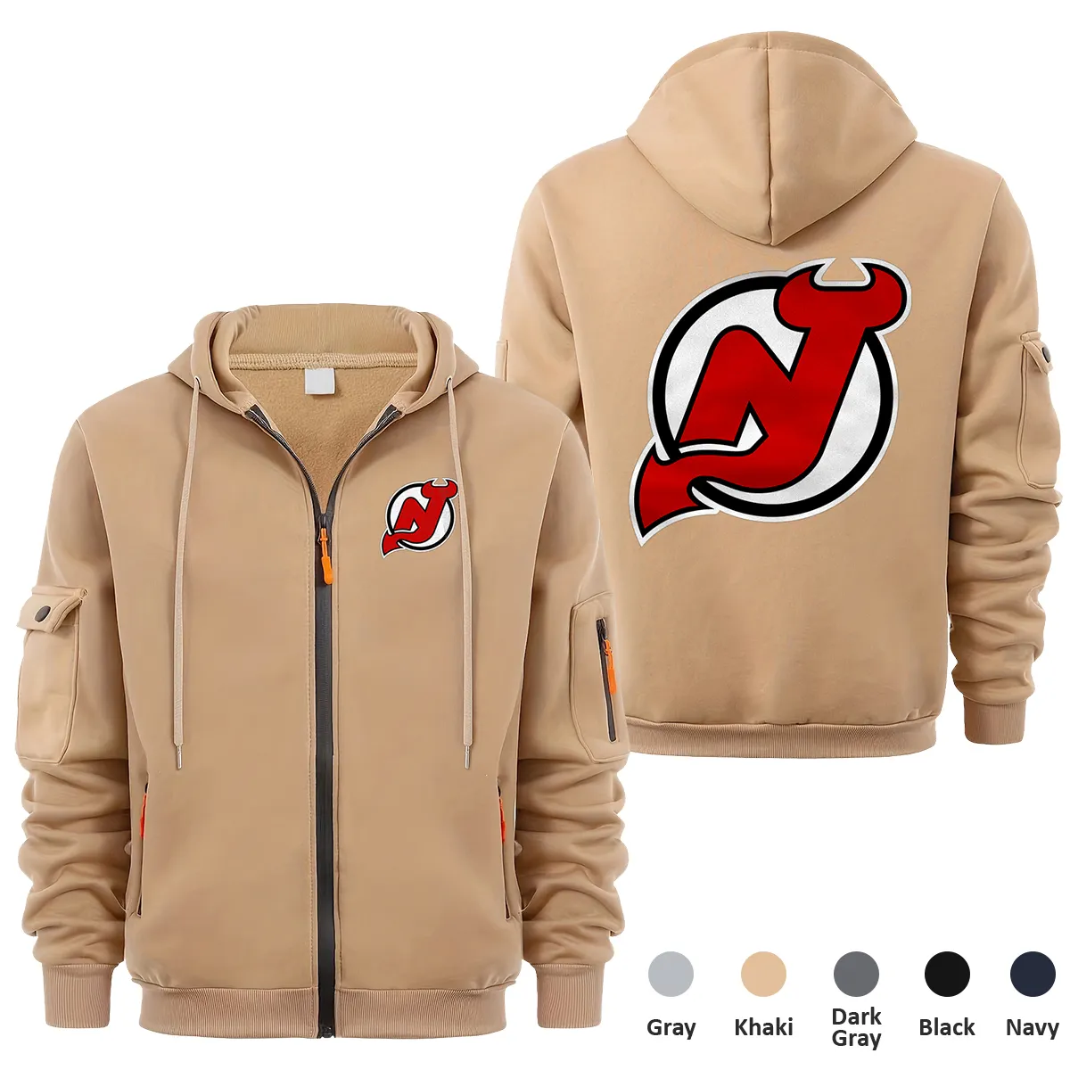 New Jersey Devils NHL Exclusive Logo Full Zipper Sweatshirt Hoodie with Arm Pocket MFY241114NJDFZH - Khaki