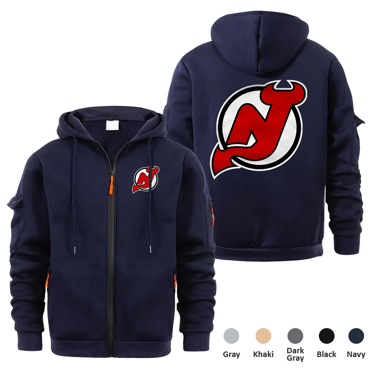 New Jersey Devils NHL Exclusive Logo Full Zipper Sweatshirt Hoodie with Arm Pocket MFY241114NJDFZH - Navy