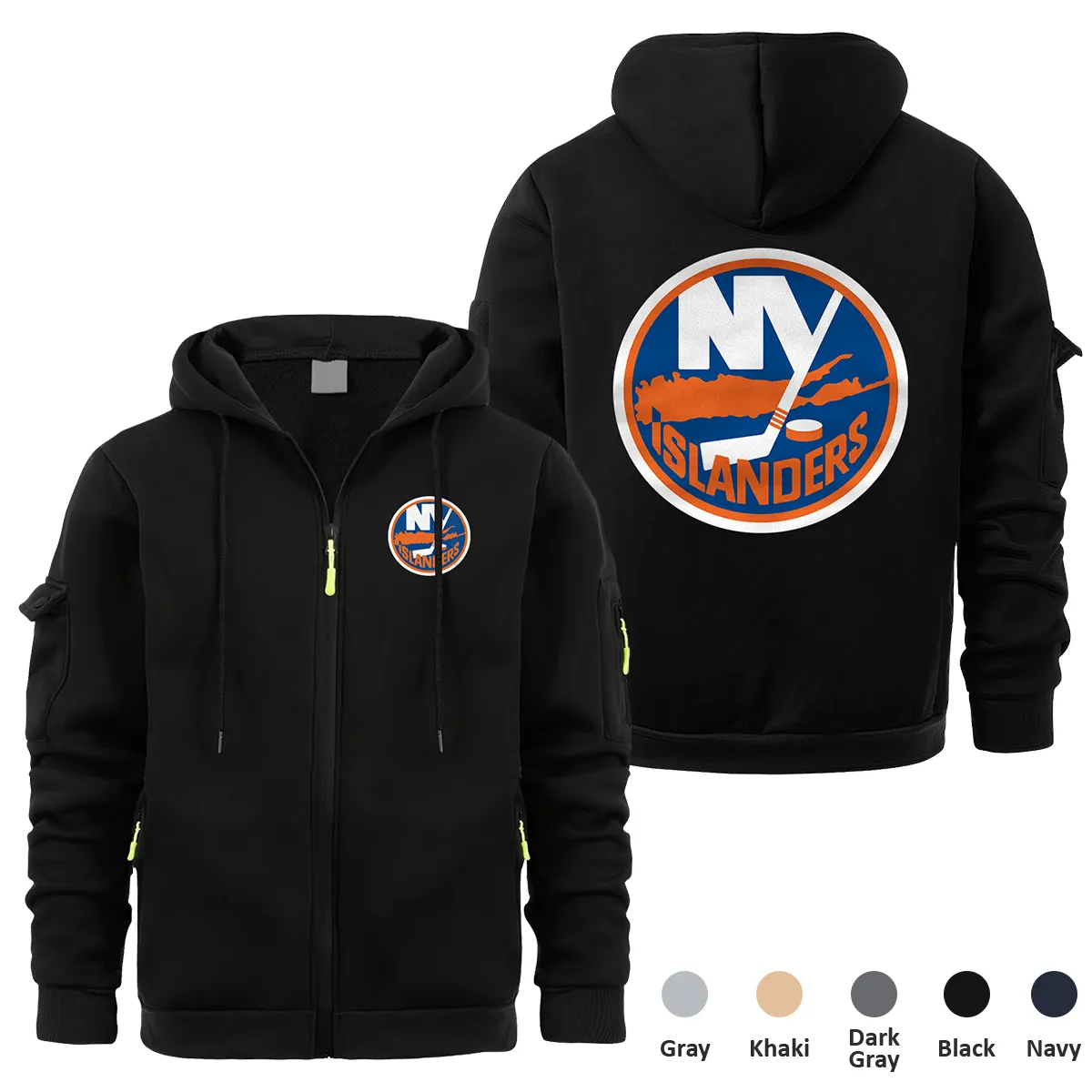 New York Islanders NHL Exclusive Logo Full Zipper Sweatshirt Hoodie with Arm Pocket MFY241114NYIFZH - Black