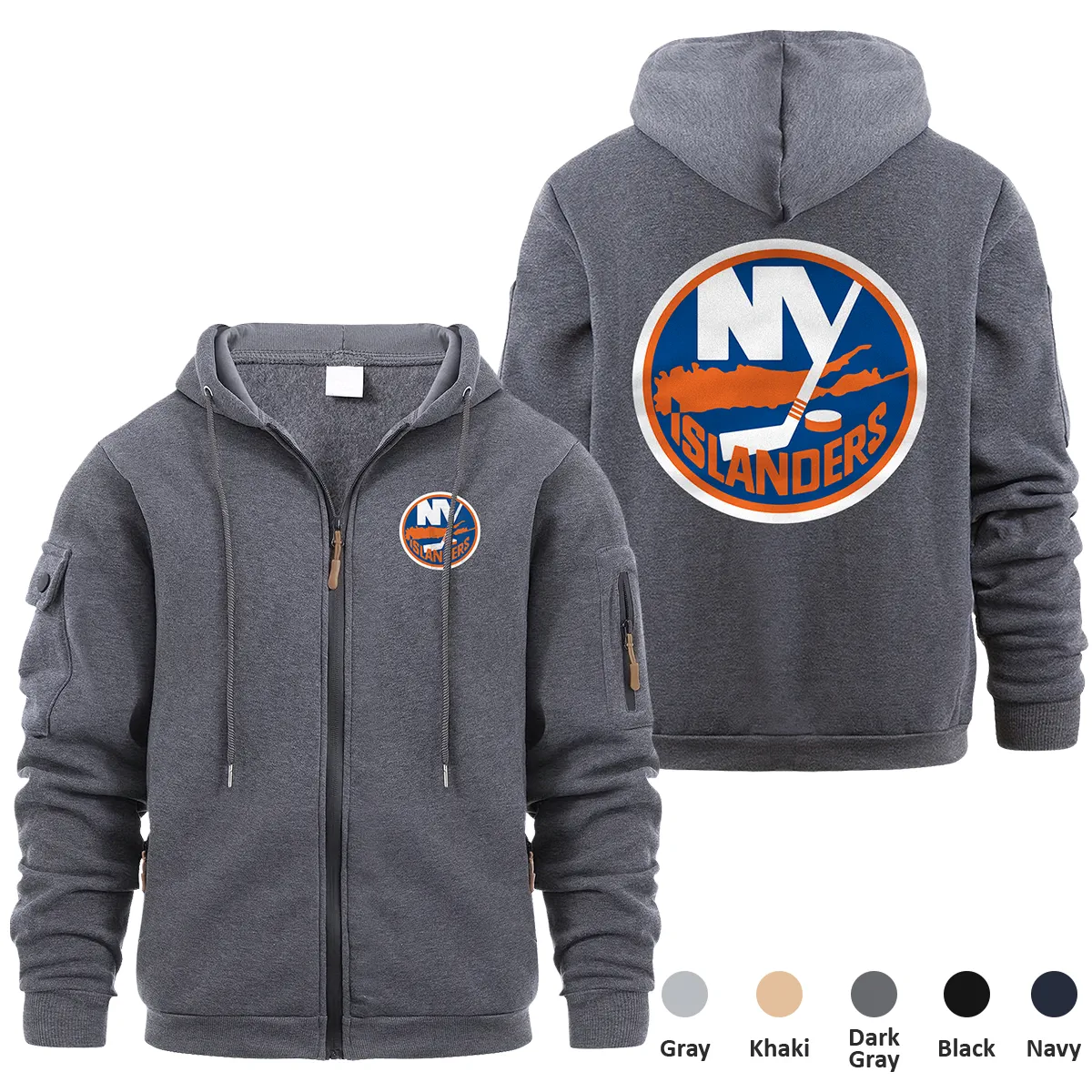 New York Islanders NHL Exclusive Logo Full Zipper Sweatshirt Hoodie with Arm Pocket MFY241114NYIFZH - Dark Gray