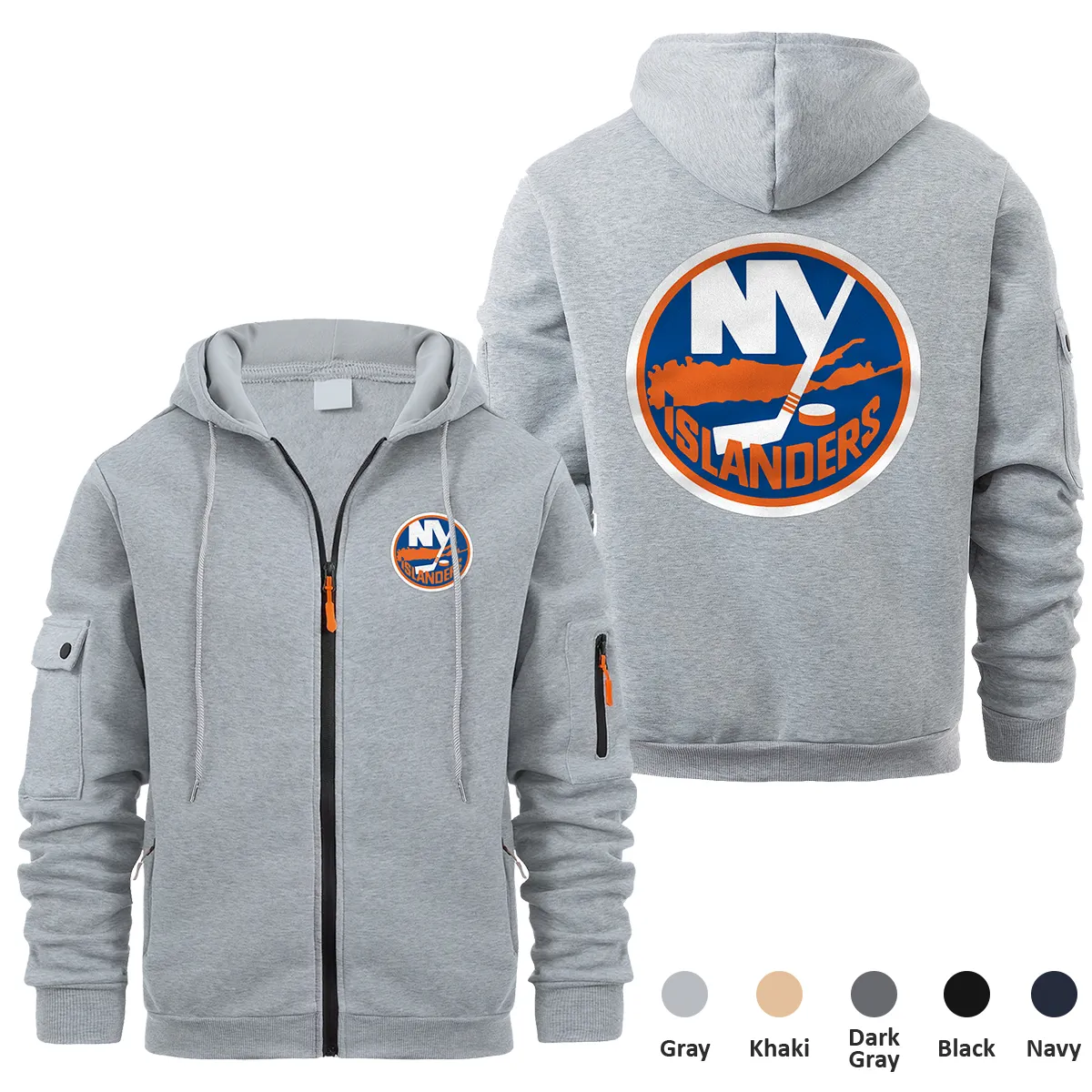 New York Islanders NHL Exclusive Logo Full Zipper Sweatshirt Hoodie with Arm Pocket MFY241114NYIFZH - Gray