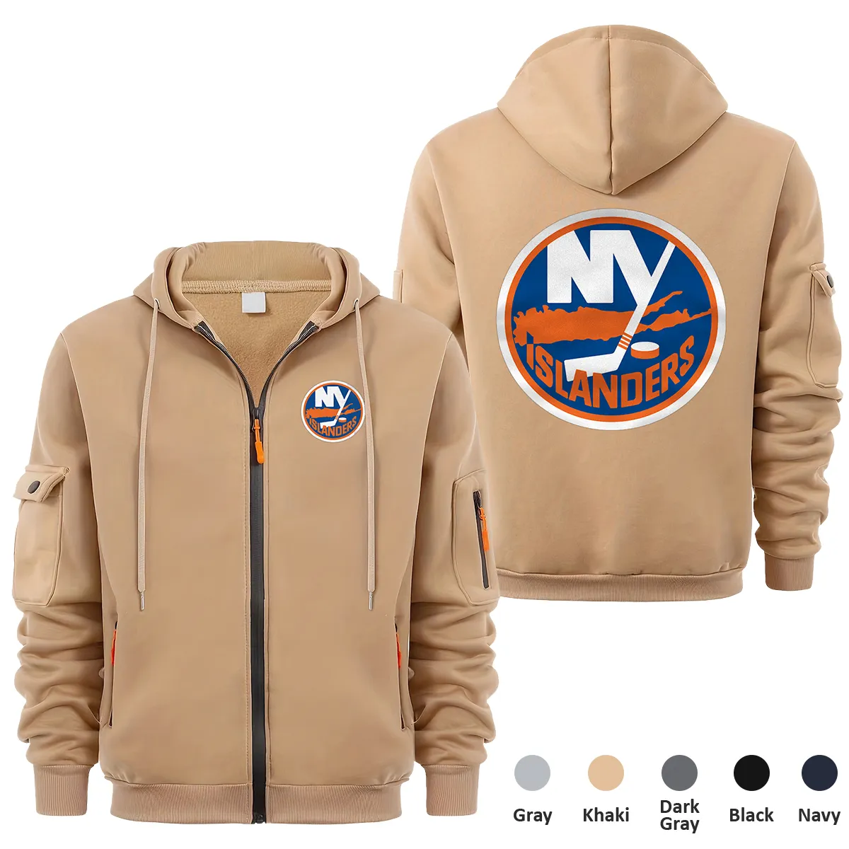 New York Islanders NHL Exclusive Logo Full Zipper Sweatshirt Hoodie with Arm Pocket MFY241114NYIFZH - Khaki