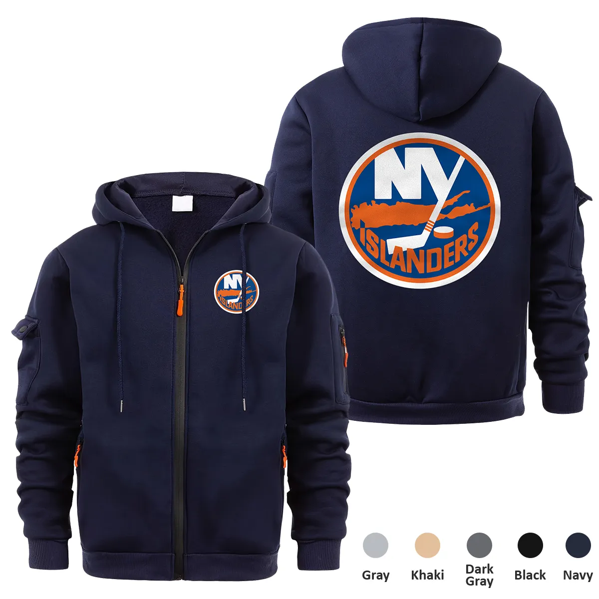 New York Islanders NHL Exclusive Logo Full Zipper Sweatshirt Hoodie with Arm Pocket MFY241114NYIFZH - Navy