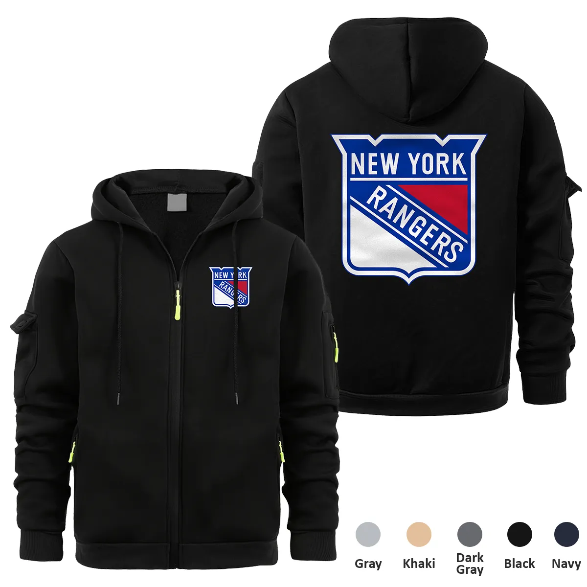 New York Rangers NHL Exclusive Logo Full Zipper Sweatshirt Hoodie with Arm Pocket MFY241114NYRFZH - Black