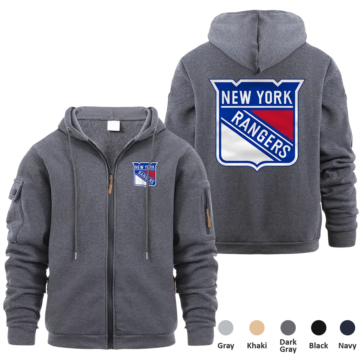 New York Rangers NHL Exclusive Logo Full Zipper Sweatshirt Hoodie with Arm Pocket MFY241114NYRFZH - Dark Gray