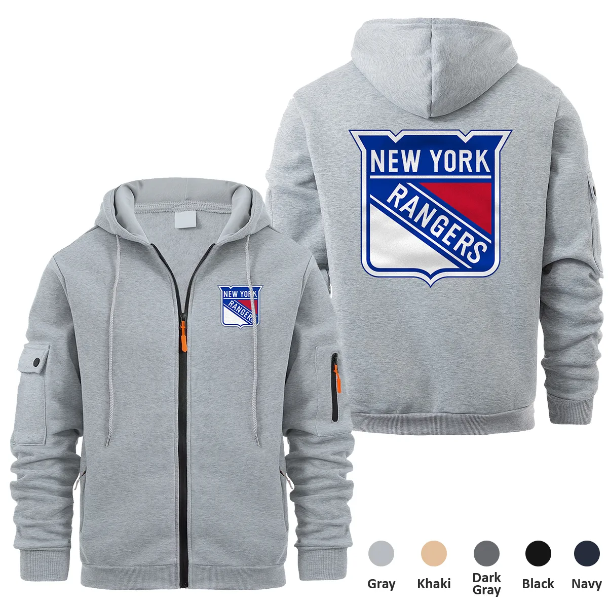 New York Rangers NHL Exclusive Logo Full Zipper Sweatshirt Hoodie with Arm Pocket MFY241114NYRFZH - Gray