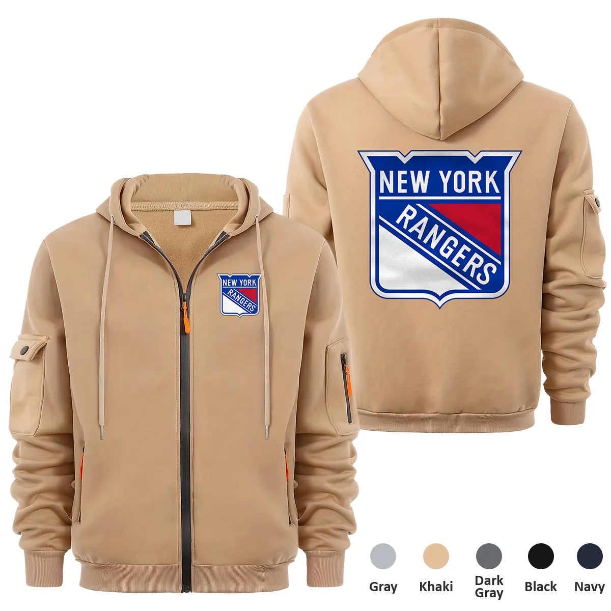 New York Rangers NHL Exclusive Logo Full Zipper Sweatshirt Hoodie with Arm Pocket MFY241114NYRFZH - Khaki