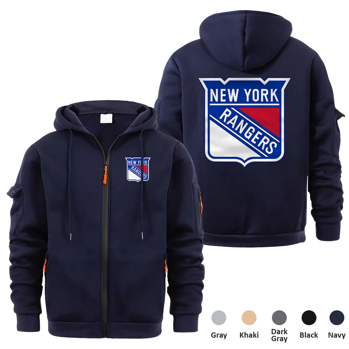 New York Rangers NHL Exclusive Logo Full Zipper Sweatshirt Hoodie with Arm Pocket MFY241114NYRFZH - Navy