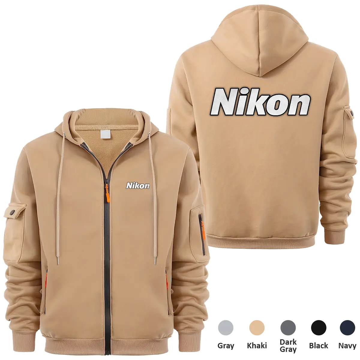 Nikon Photography Videography Exclusive Logo Full Zipper Sweatshirt Hoodie with Arm Pocket MFY241114ANKFZH - Khaki