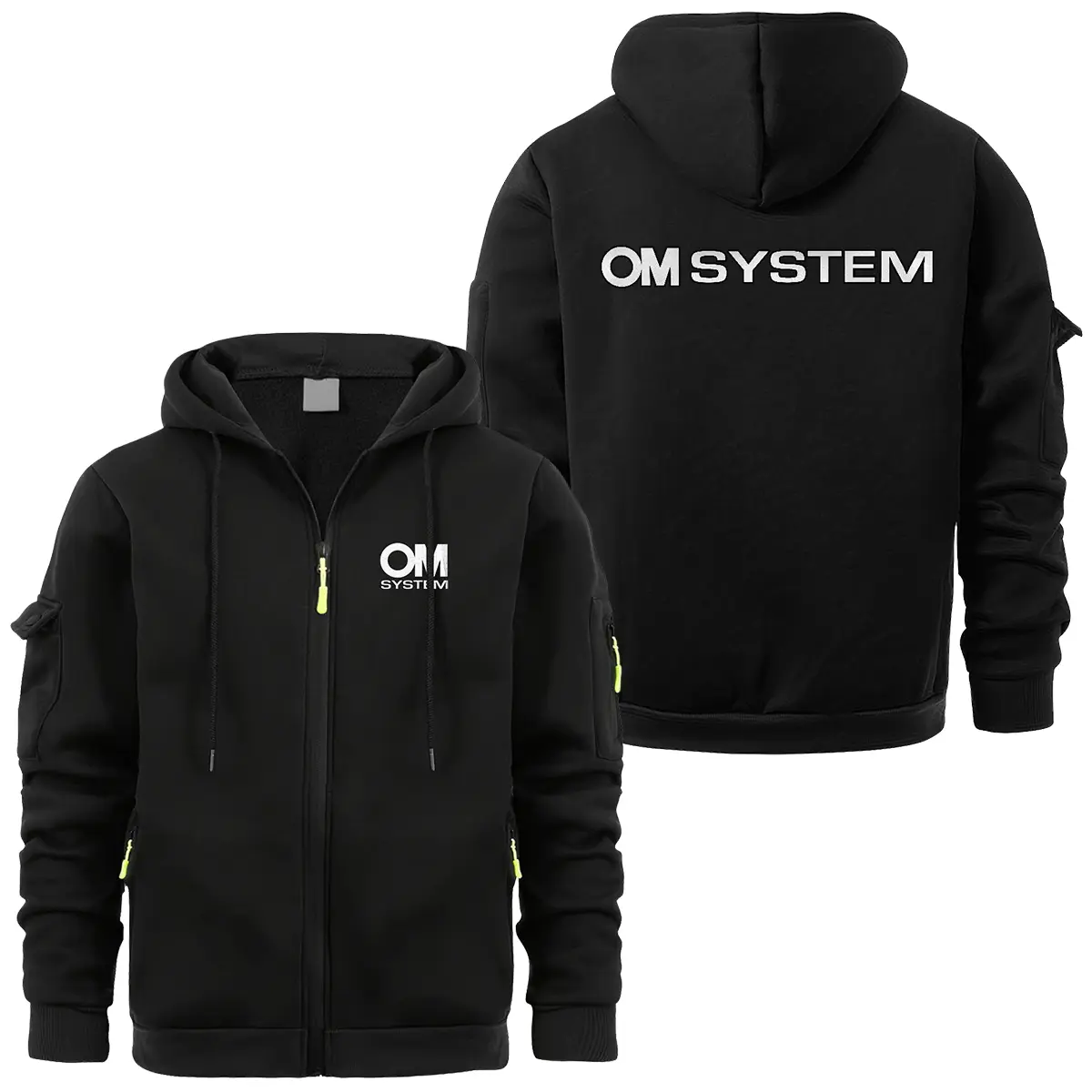 OM SYSTEM Photography Videography Exclusive Logo Full Zipper Sweatshirt Hoodie with Arm Pocket MFY241114A1OMSFZH - Black