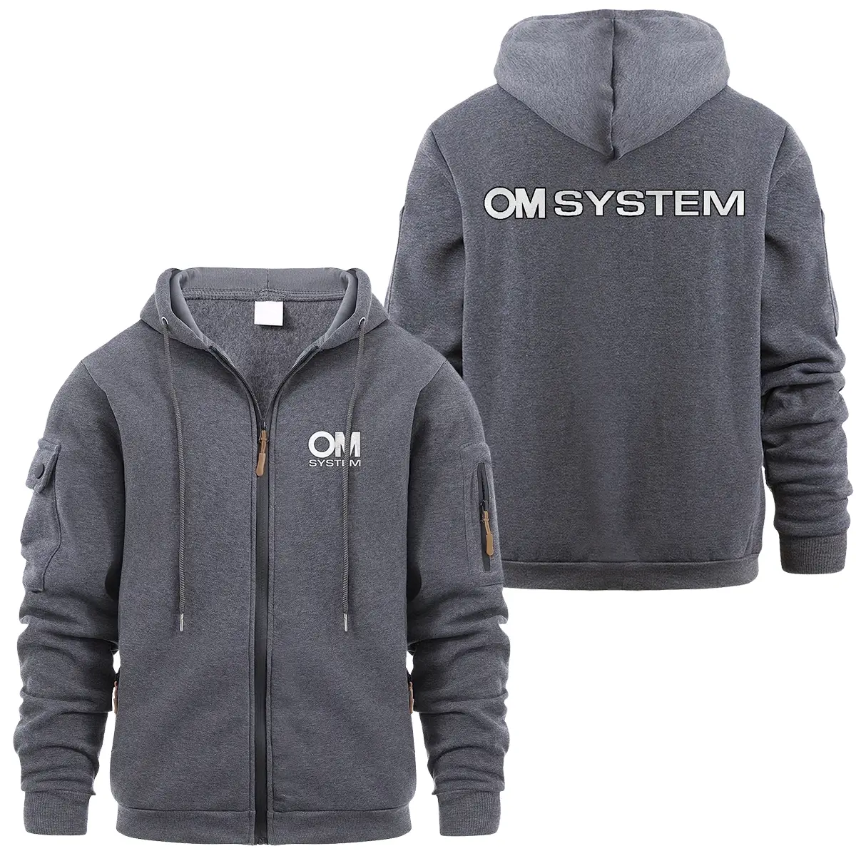 OM SYSTEM Photography Videography Exclusive Logo Full Zipper Sweatshirt Hoodie with Arm Pocket MFY241114A1OMSFZH - Dark Gray