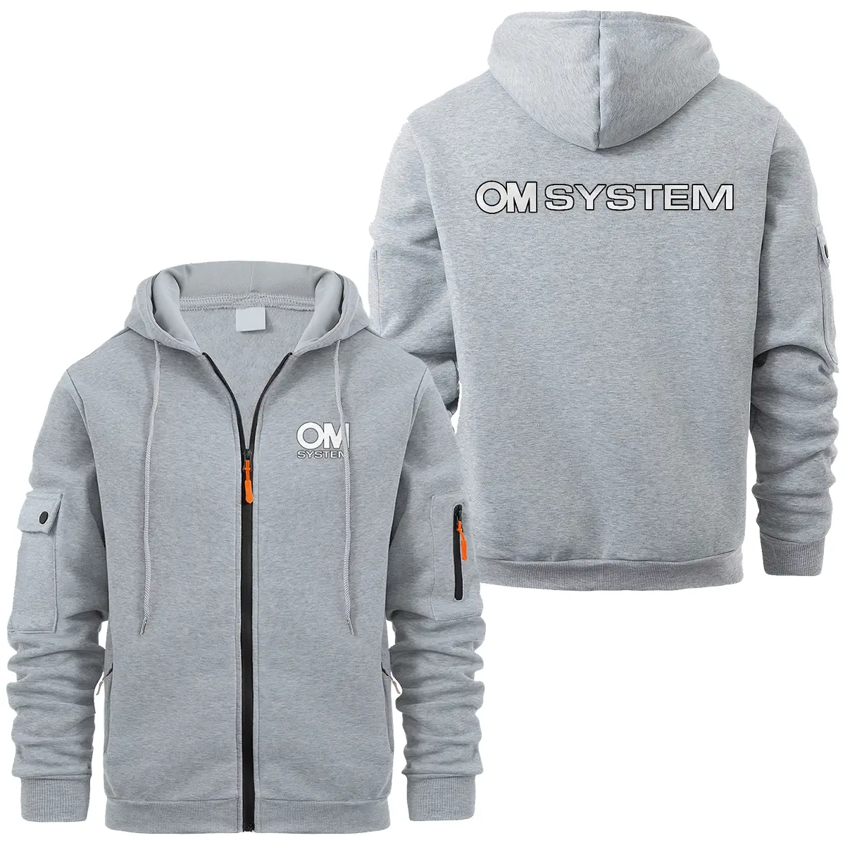 OM SYSTEM Photography Videography Exclusive Logo Full Zipper Sweatshirt Hoodie with Arm Pocket MFY241114A1OMSFZH - Gray