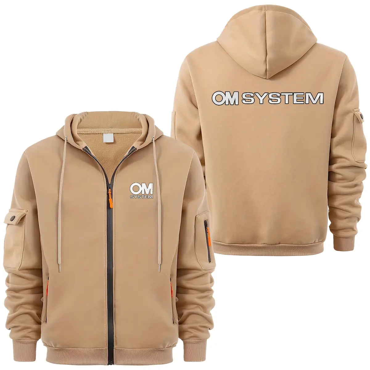 OM SYSTEM Photography Videography Exclusive Logo Full Zipper Sweatshirt Hoodie with Arm Pocket MFY241114A1OMSFZH - Khaki