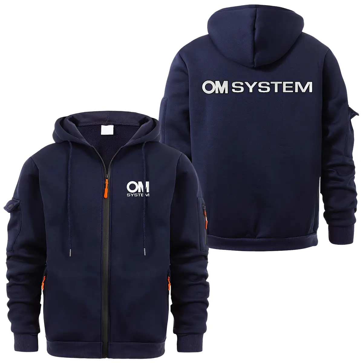 OM SYSTEM Photography Videography Exclusive Logo Full Zipper Sweatshirt Hoodie with Arm Pocket MFY241114A1OMSFZH - Navy