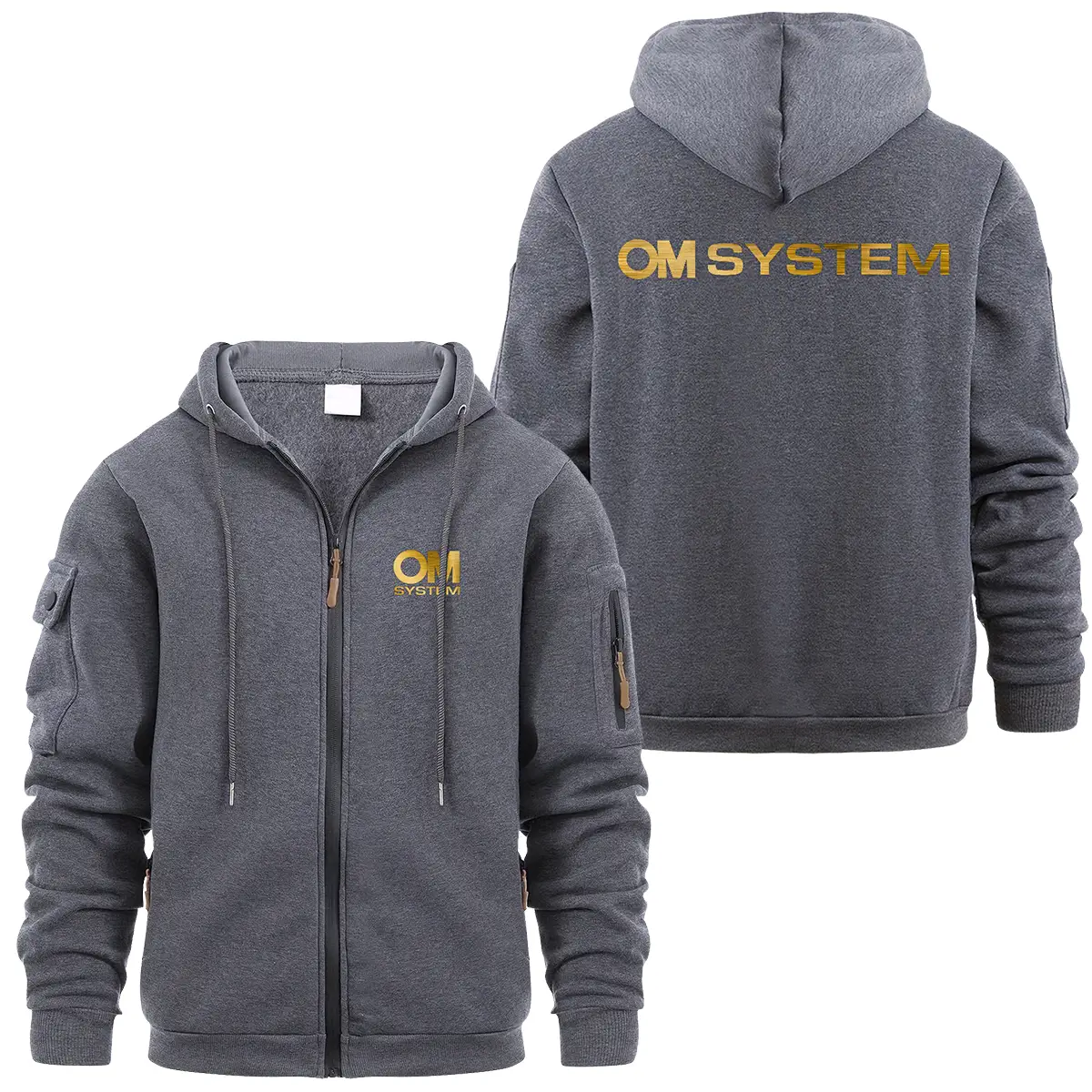 OM SYSTEM Photography Videography Exclusive Logo Full Zipper Sweatshirt Hoodie with Arm Pocket MFY241114A2OMSFZH - Dark Gray