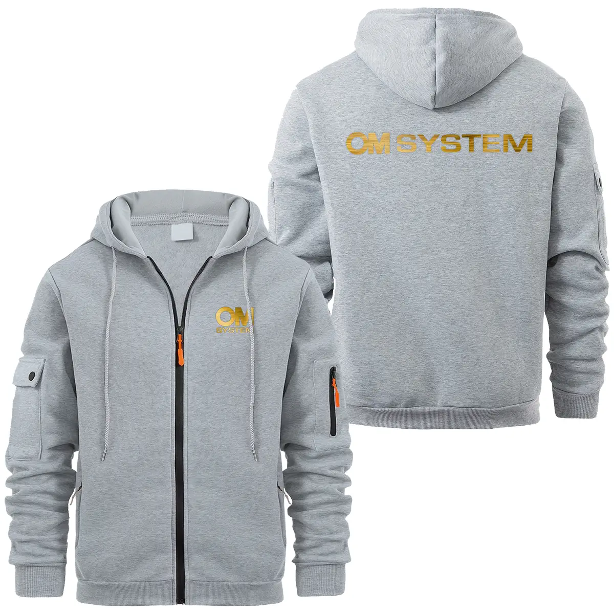 OM SYSTEM Photography Videography Exclusive Logo Full Zipper Sweatshirt Hoodie with Arm Pocket MFY241114A2OMSFZH - Gray