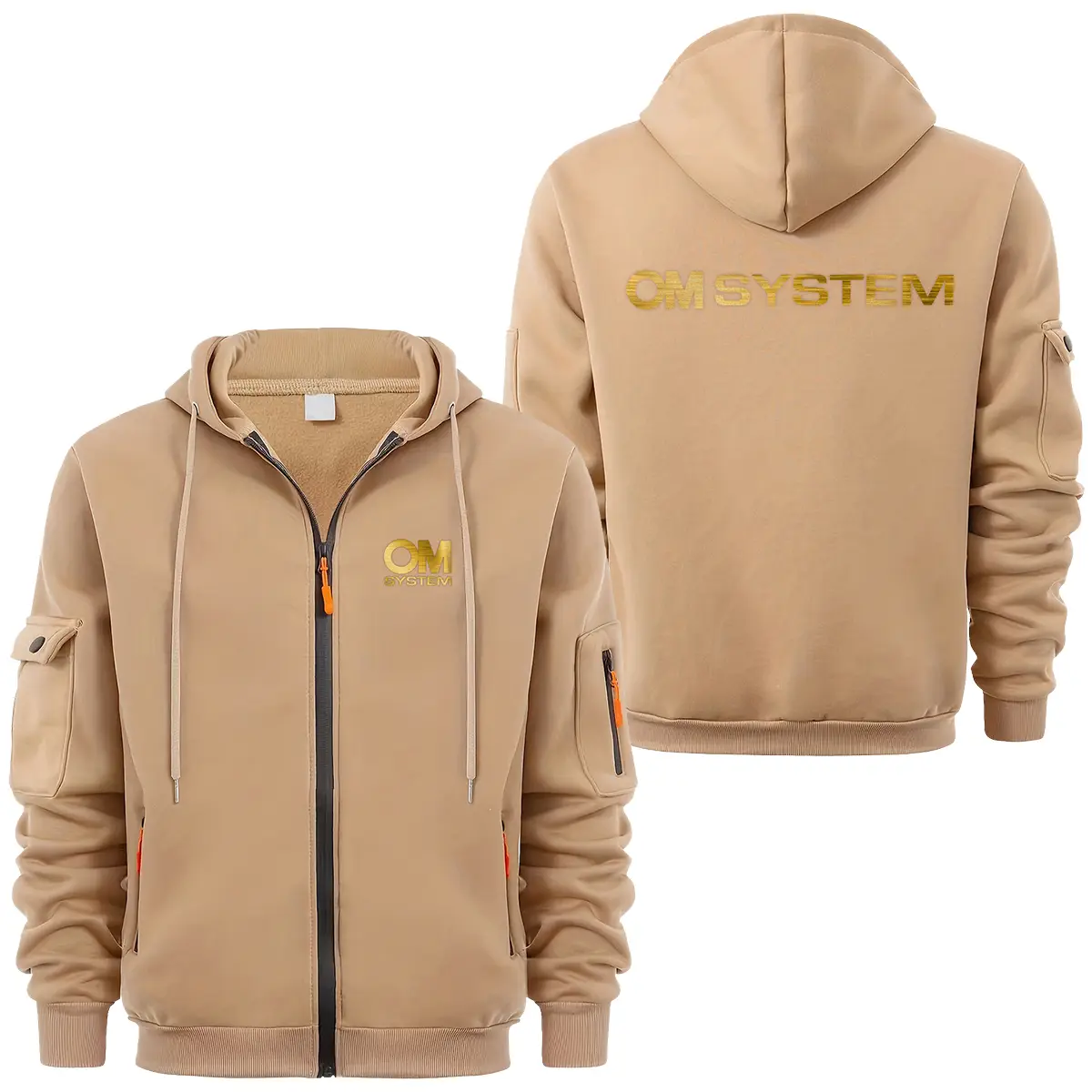 OM SYSTEM Photography Videography Exclusive Logo Full Zipper Sweatshirt Hoodie with Arm Pocket MFY241114A2OMSFZH - Khaki