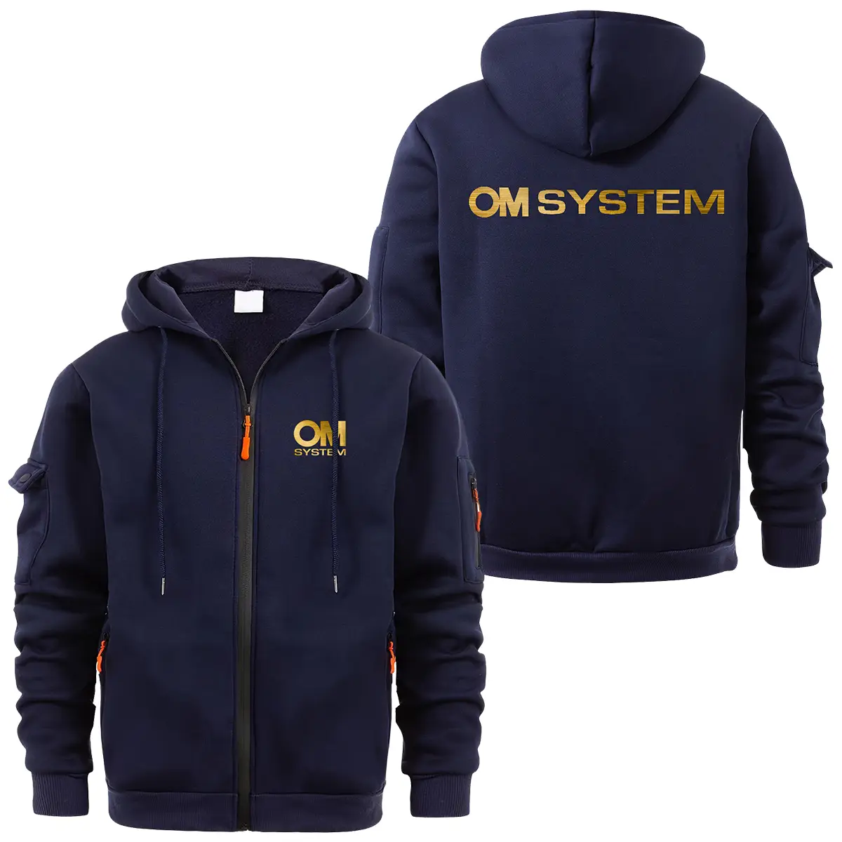 OM SYSTEM Photography Videography Exclusive Logo Full Zipper Sweatshirt Hoodie with Arm Pocket MFY241114A2OMSFZH - Navy