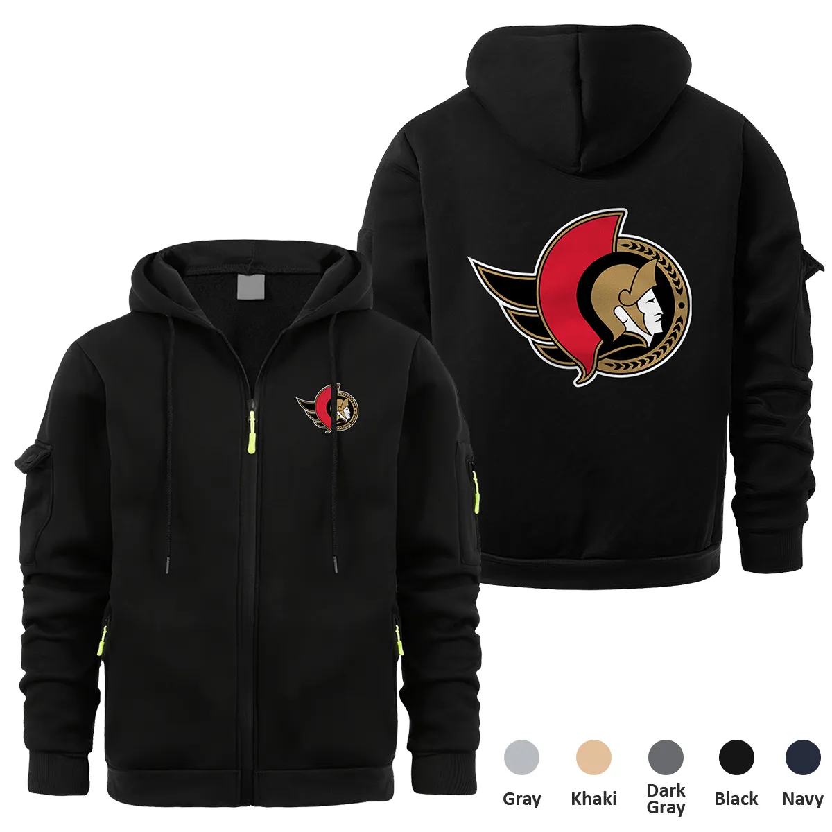 Ottawa Senators NHL Exclusive Logo Full Zipper Sweatshirt Hoodie with Arm Pocket MFY241114OSFZH - Black