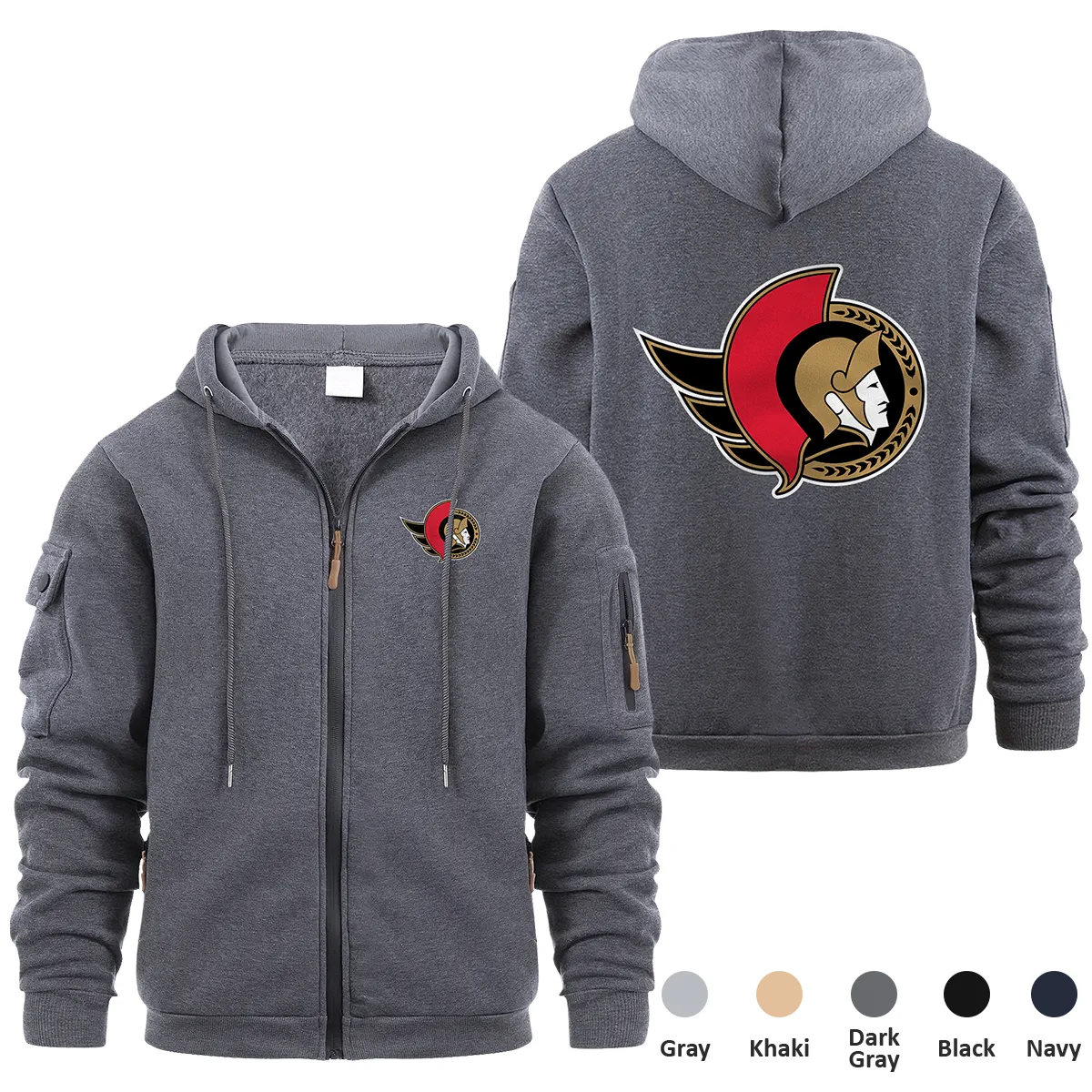 Ottawa Senators NHL Exclusive Logo Full Zipper Sweatshirt Hoodie with Arm Pocket MFY241114OSFZH - Dark Gray