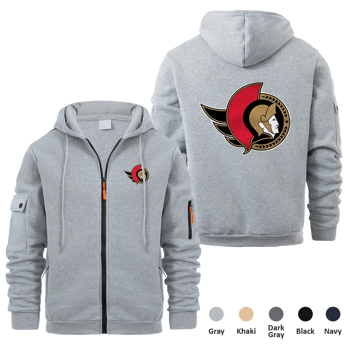 Ottawa Senators NHL Exclusive Logo Full Zipper Sweatshirt Hoodie with Arm Pocket MFY241114OSFZH - Gray