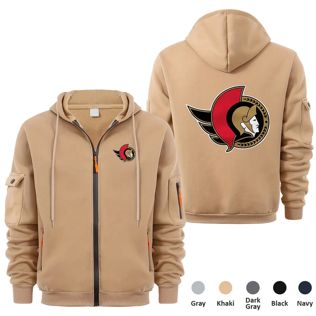 Ottawa Senators NHL Exclusive Logo Full Zipper Sweatshirt Hoodie with Arm Pocket MFY241114OSFZH - Khaki