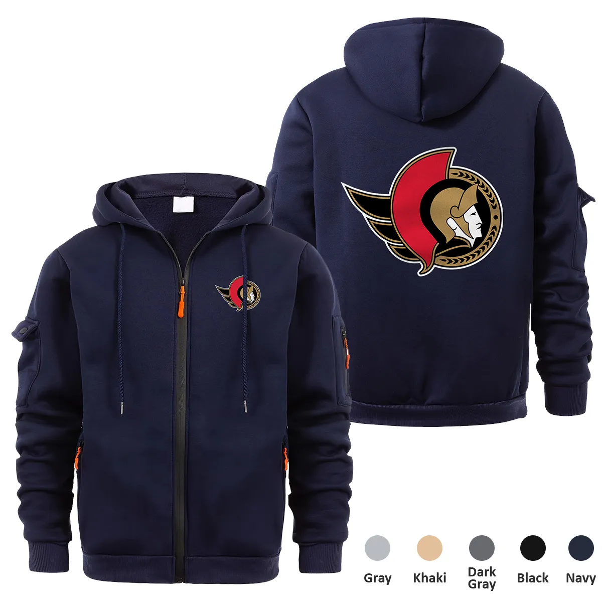 Ottawa Senators NHL Exclusive Logo Full Zipper Sweatshirt Hoodie with Arm Pocket MFY241114OSFZH - Navy