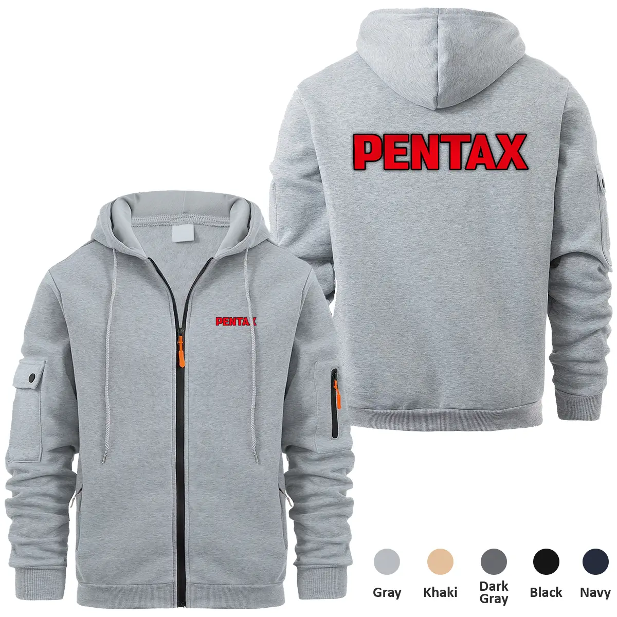 Pentax Photography Videography Exclusive Logo Full Zipper Sweatshirt Hoodie with Arm Pocket MFY241114APTFZH - Gray