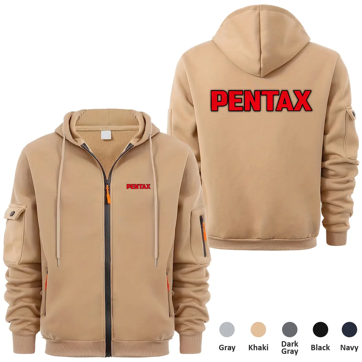 Pentax Photography Videography Exclusive Logo Full Zipper Sweatshirt Hoodie with Arm Pocket MFY241114APTFZH - Khaki