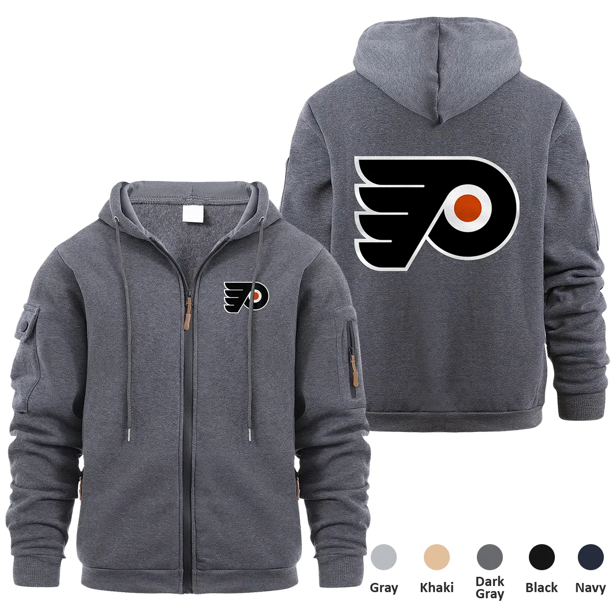 Philadelphia Flyers NHL Exclusive Logo Full Zipper Sweatshirt Hoodie with Arm Pocket MFY241114PFFZH - Dark Gray