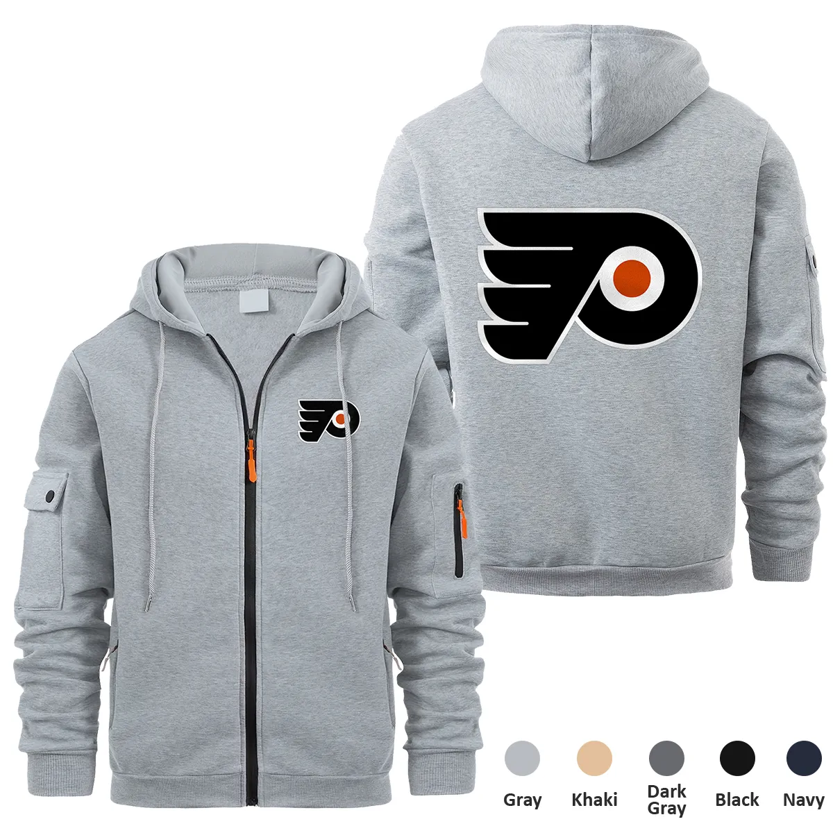 Philadelphia Flyers NHL Exclusive Logo Full Zipper Sweatshirt Hoodie with Arm Pocket MFY241114PFFZH - Gray