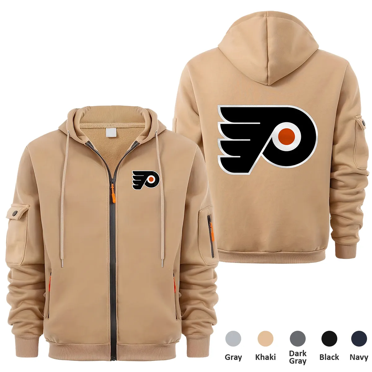 Philadelphia Flyers NHL Exclusive Logo Full Zipper Sweatshirt Hoodie with Arm Pocket MFY241114PFFZH - Khaki